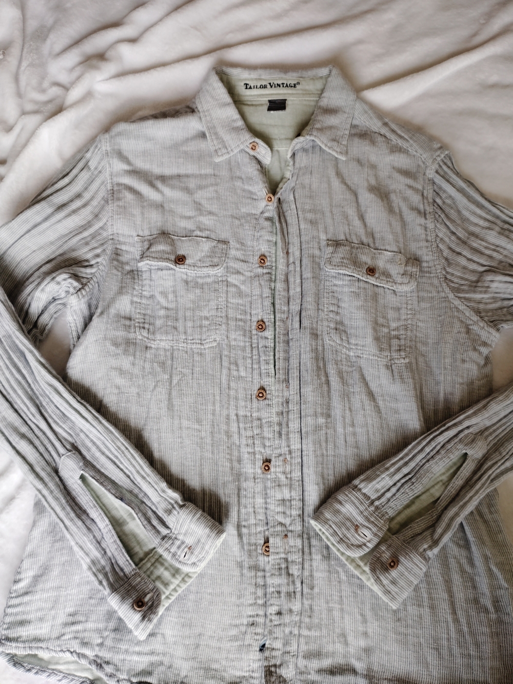 Tailor Vintage Light Gray and Sage Striped Button-Up Shirt, Reversible